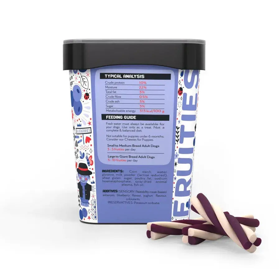 Dog treat container with feeding guide, ingredients, and nutritional analysis for adult dogs.
