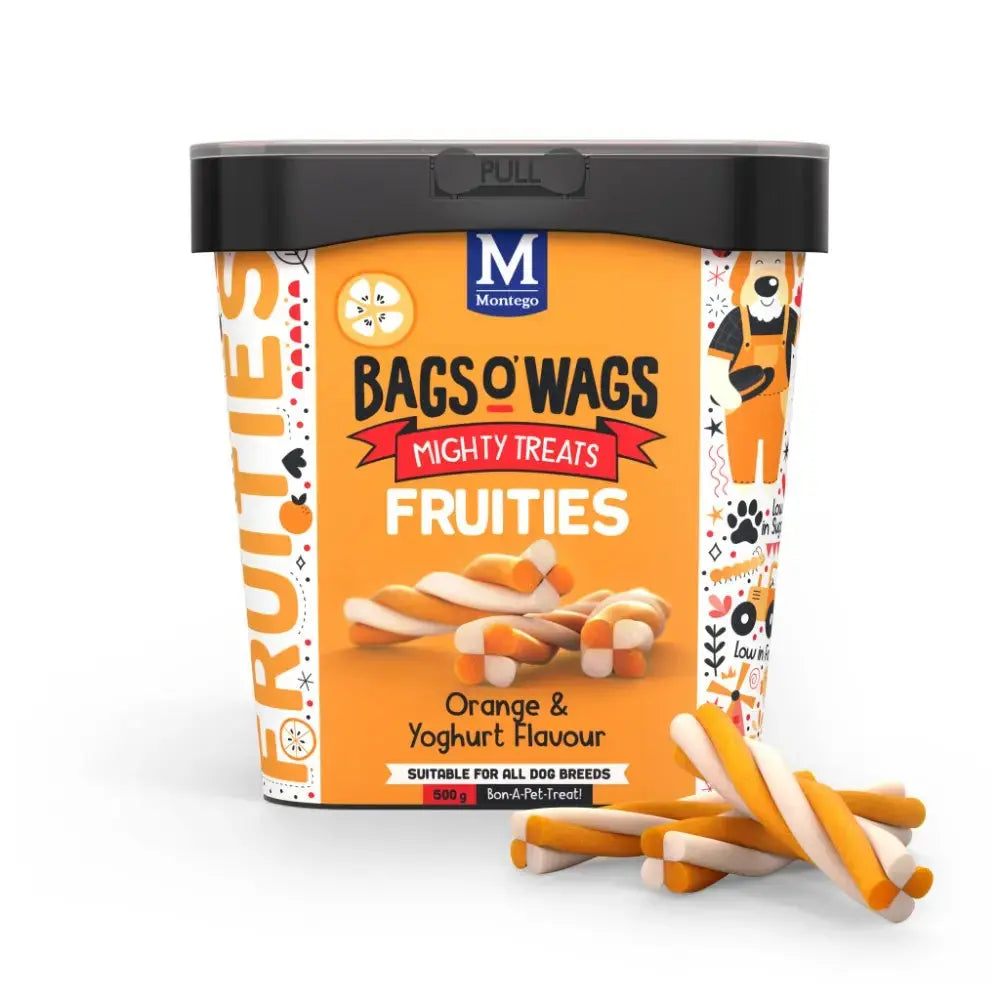 Dog treats in a vibrant orange container, featuring fruity flavors of orange and yogurt.