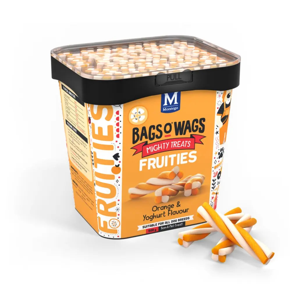 Orange and yogurt-flavored dog treats in a colorful container, perfect for rewarding pets.