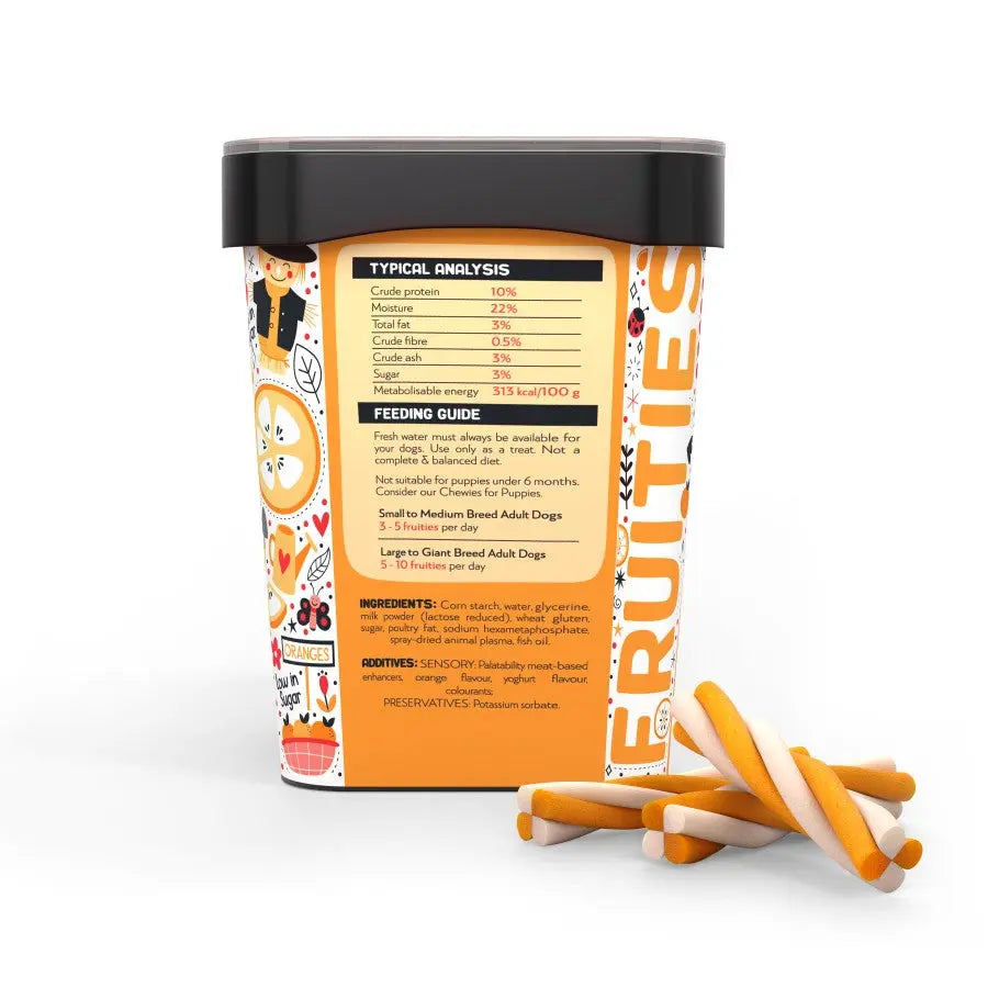 Colorful dog treat container with feeding guide, ingredients, and nutritional analysis displayed on the label.