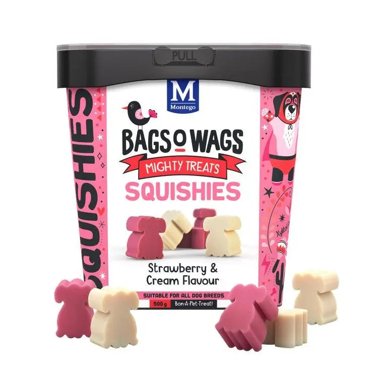Strawberry and cream flavored dog treats in a colorful packaging, perfect for all dog breeds.