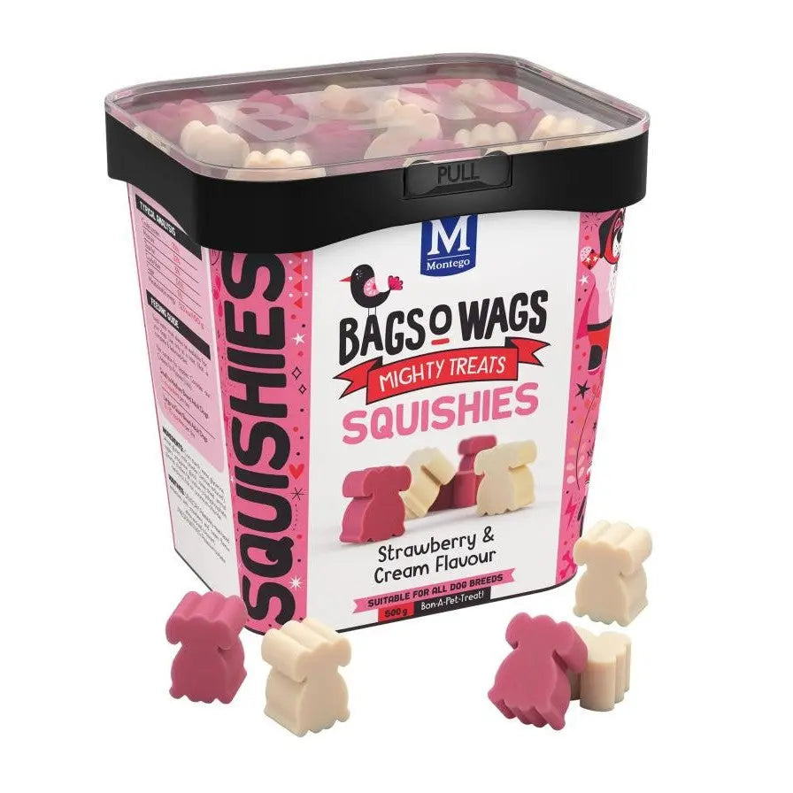 Bags Wags Squishies in strawberry and cream flavor, perfect treats for dogs in a colorful container.