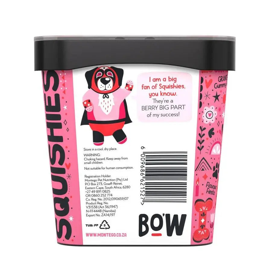 Colorful Squishies gummy candy tub featuring a playful bear character and vibrant packaging design.
