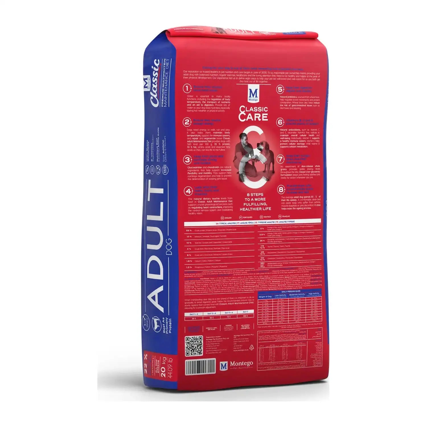 Montego Classic Adult Beef dry dog food 20kg bag, back of pack with feeding guide.