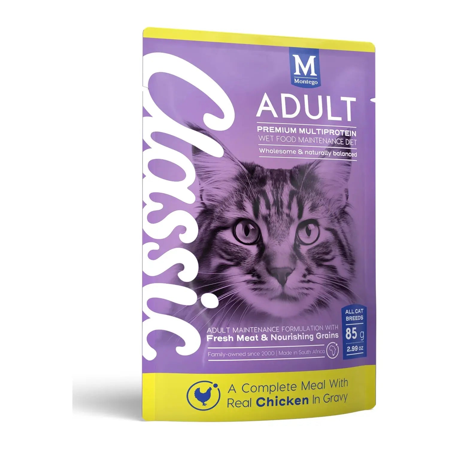 Montego Classic Adult Cat Chicken wet cat food 85g pouch in gravy with taurine.