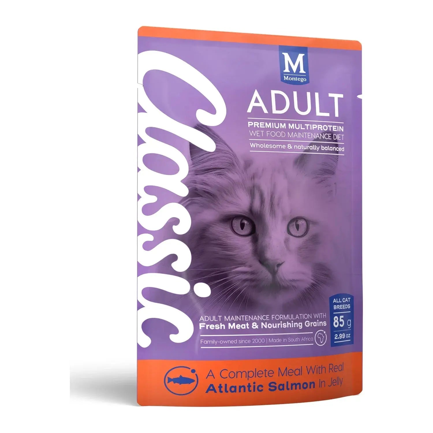 Montego Classic Adult Cat Salmon wet cat food 85g pouch with taurine.