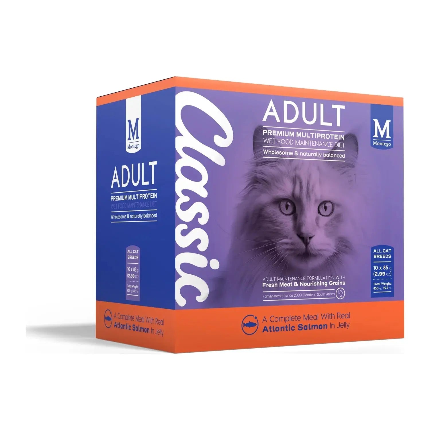 Montego Classic Adult Cat Salmon wet cat food multipack of 85g pouches.