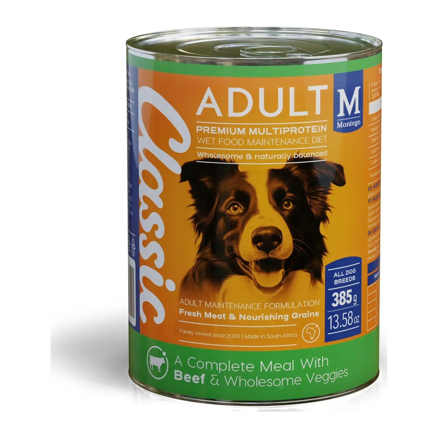 Montego Classic Beef & Veggies wet dog food 385g tin for adult dogs.