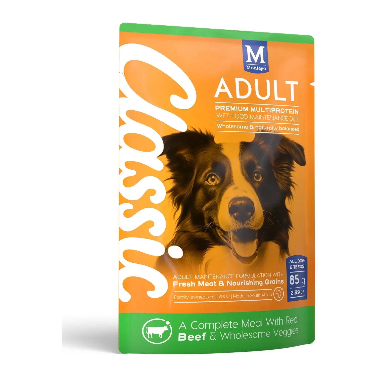 Montego Classic Beef & Veggies wet dog food 85g pouch, sold in a 10-pack multipack.