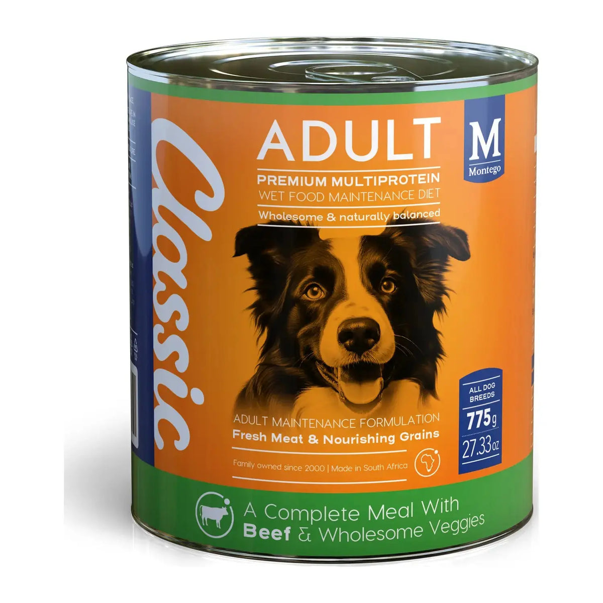 Montego Classic Beef & Veggies wet dog food 775g tin for adult dogs.