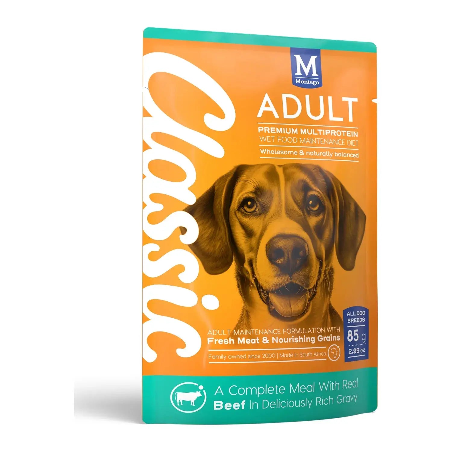 Montego Classic Beef in Gravy wet dog food 85g pouch, sold in a 10-pack multipack.
