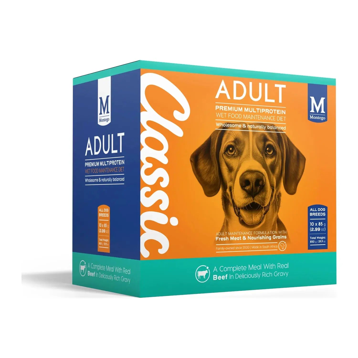 Montego Classic Beef in Gravy wet dog food multipack of 85g pouches.