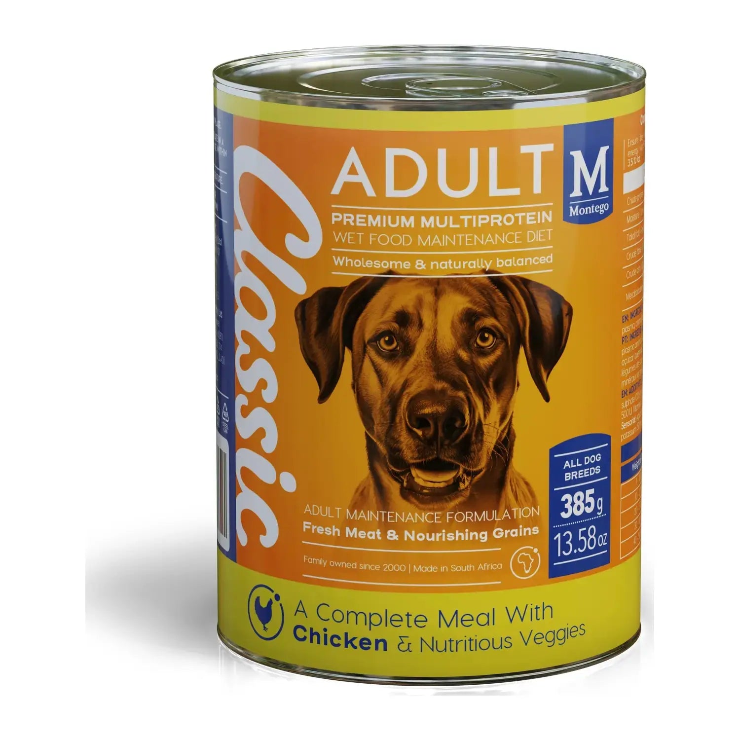 Montego Classic Chicken wet dog food 385g tin for adult dogs.