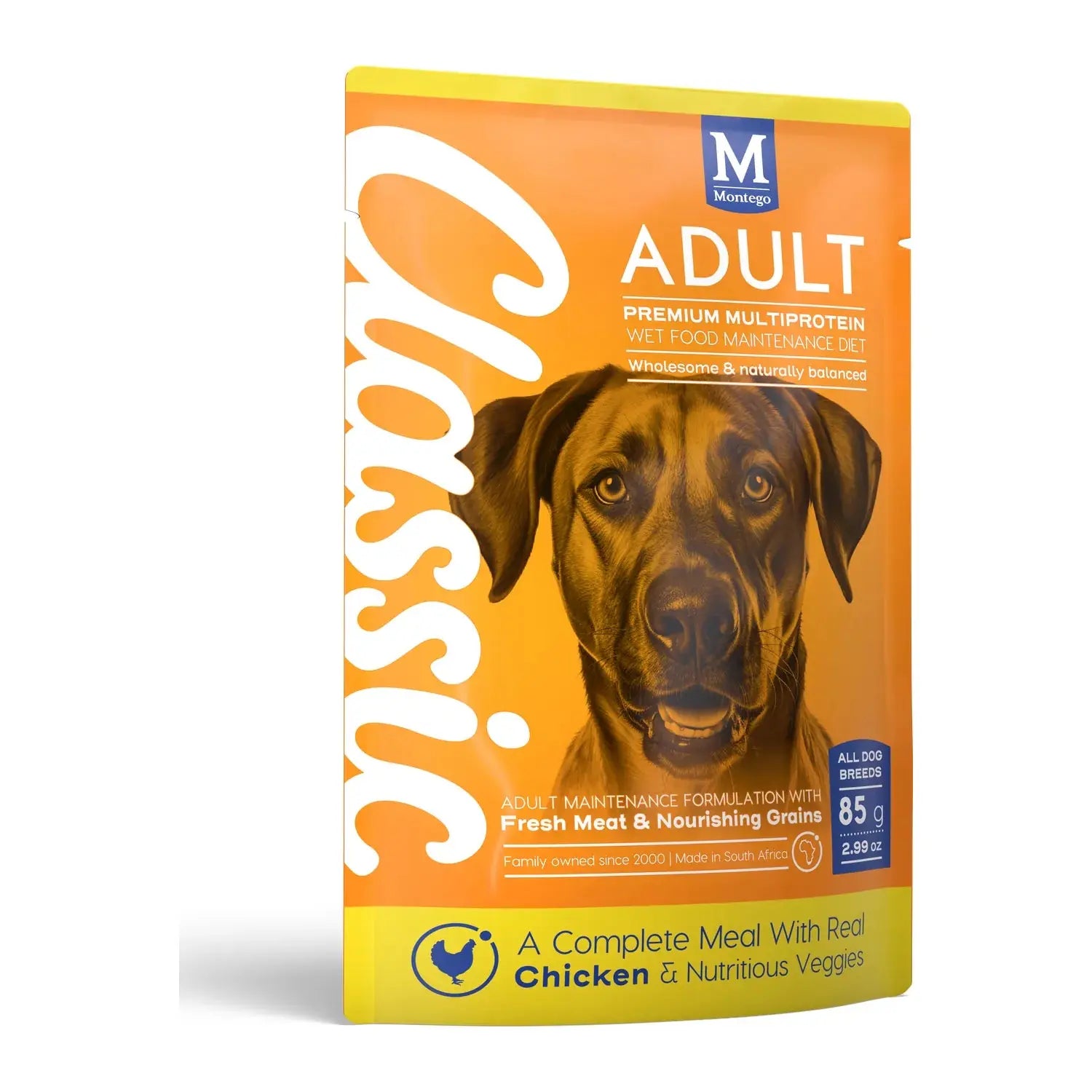 Montego Classic Chicken & Veg wet dog food 85g pouch, sold in a 10-pack multipack.