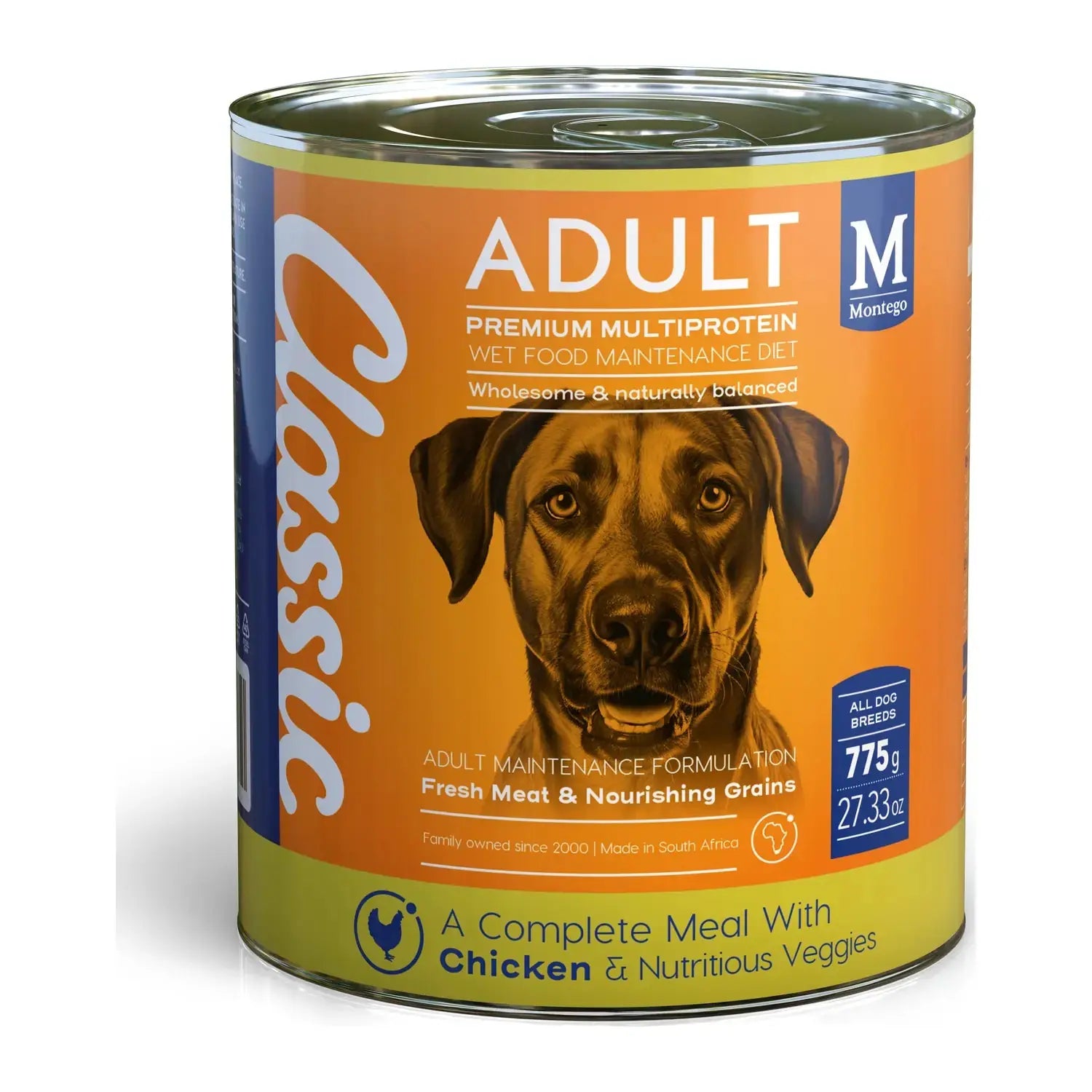 Montego Classic Chicken wet dog food 775g tin for adult dogs.