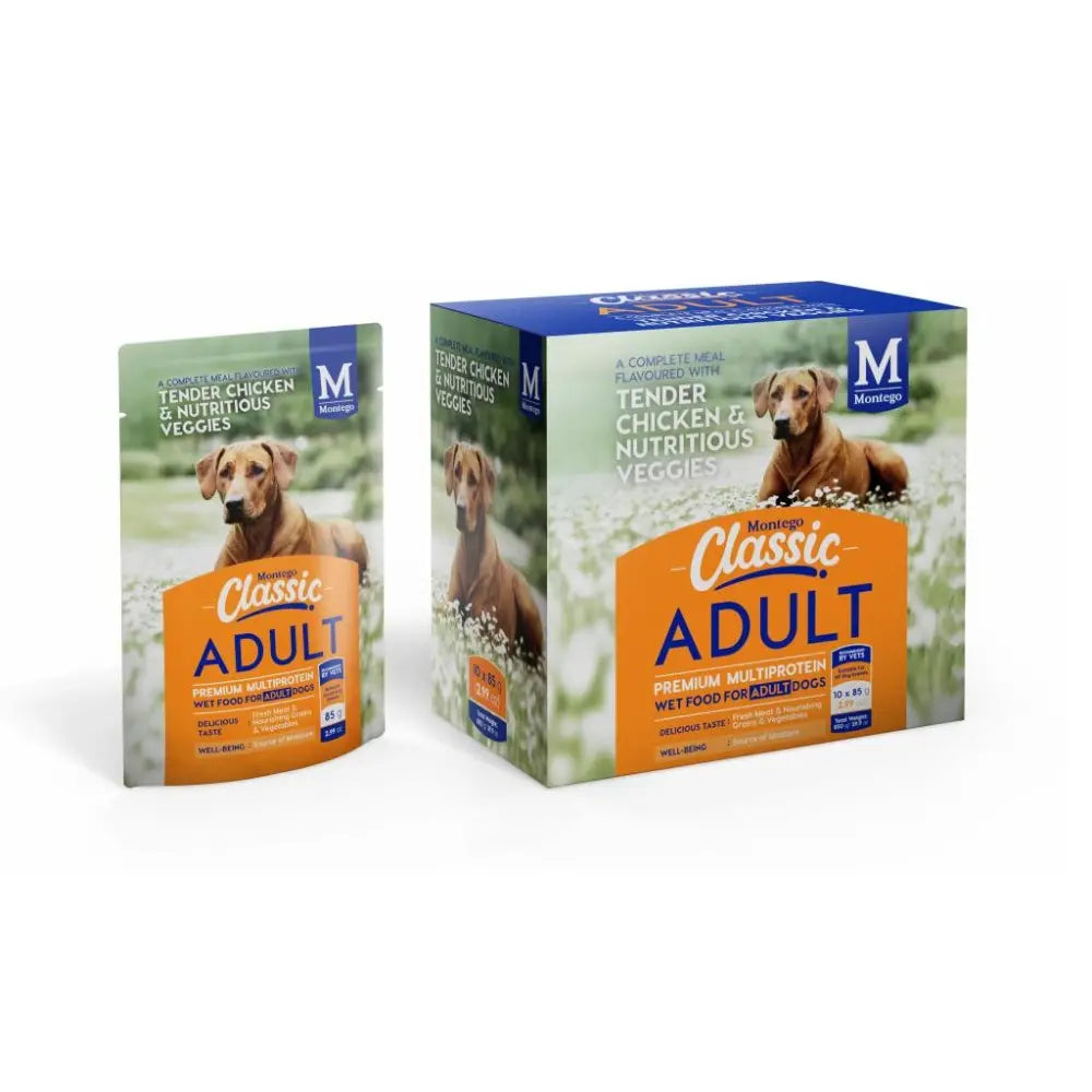 Moist and tender chicken wet food for adult dogs, featuring nutritious veggies and a complete feeding guide.