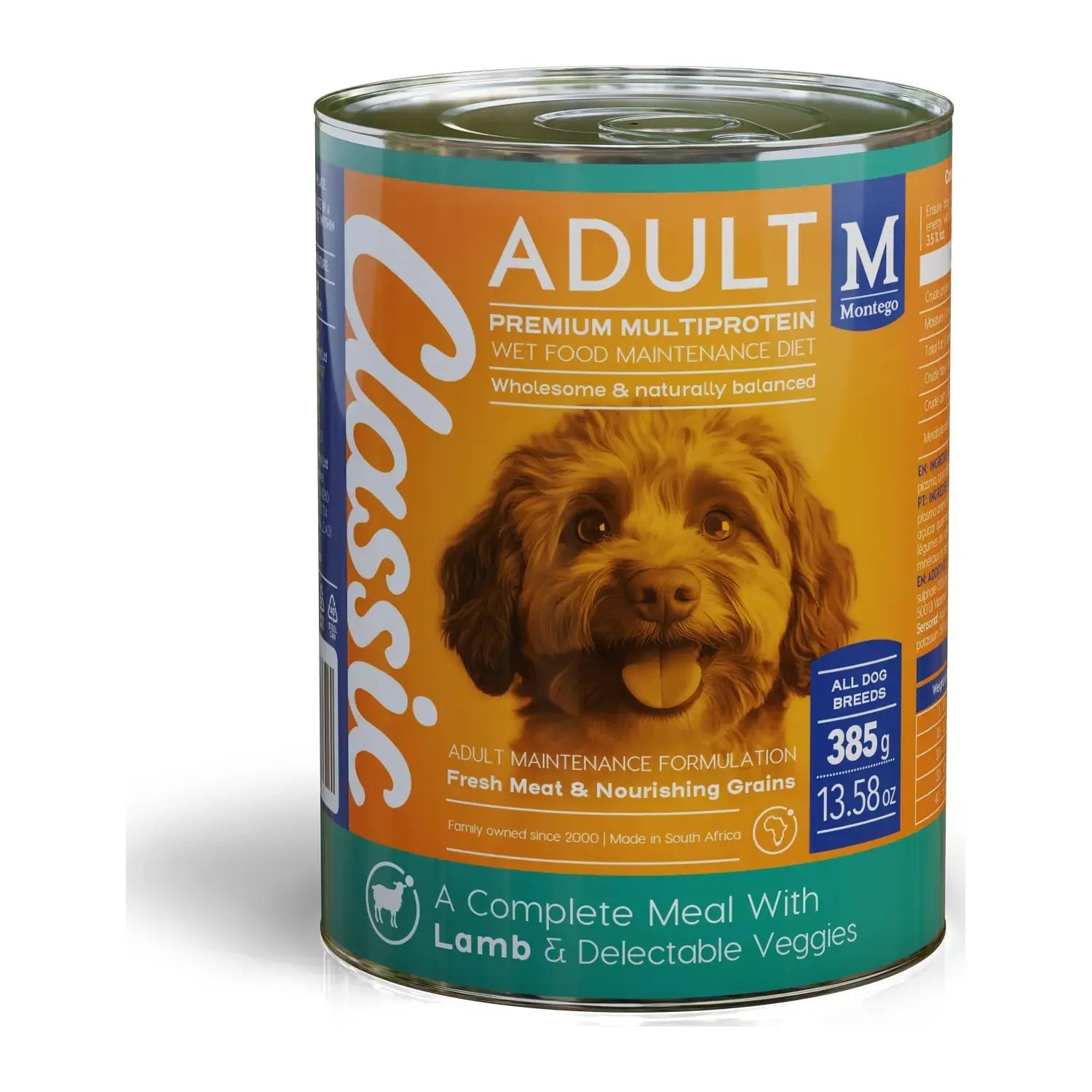 Montego Classic Lamb & Veg wet dog food 385g tin for adult dogs.