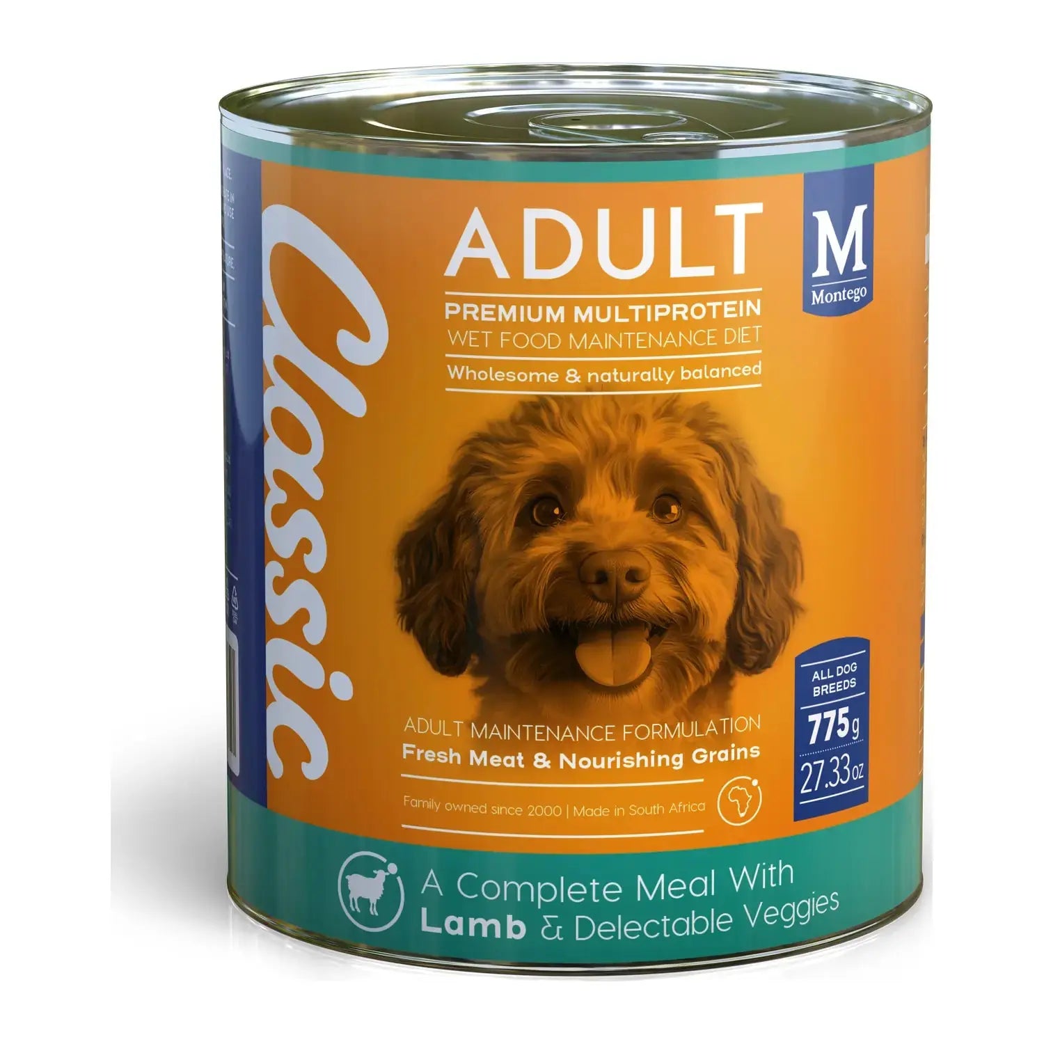 Montego Classic Lamb & Veg wet dog food 775g tin for adult dogs.