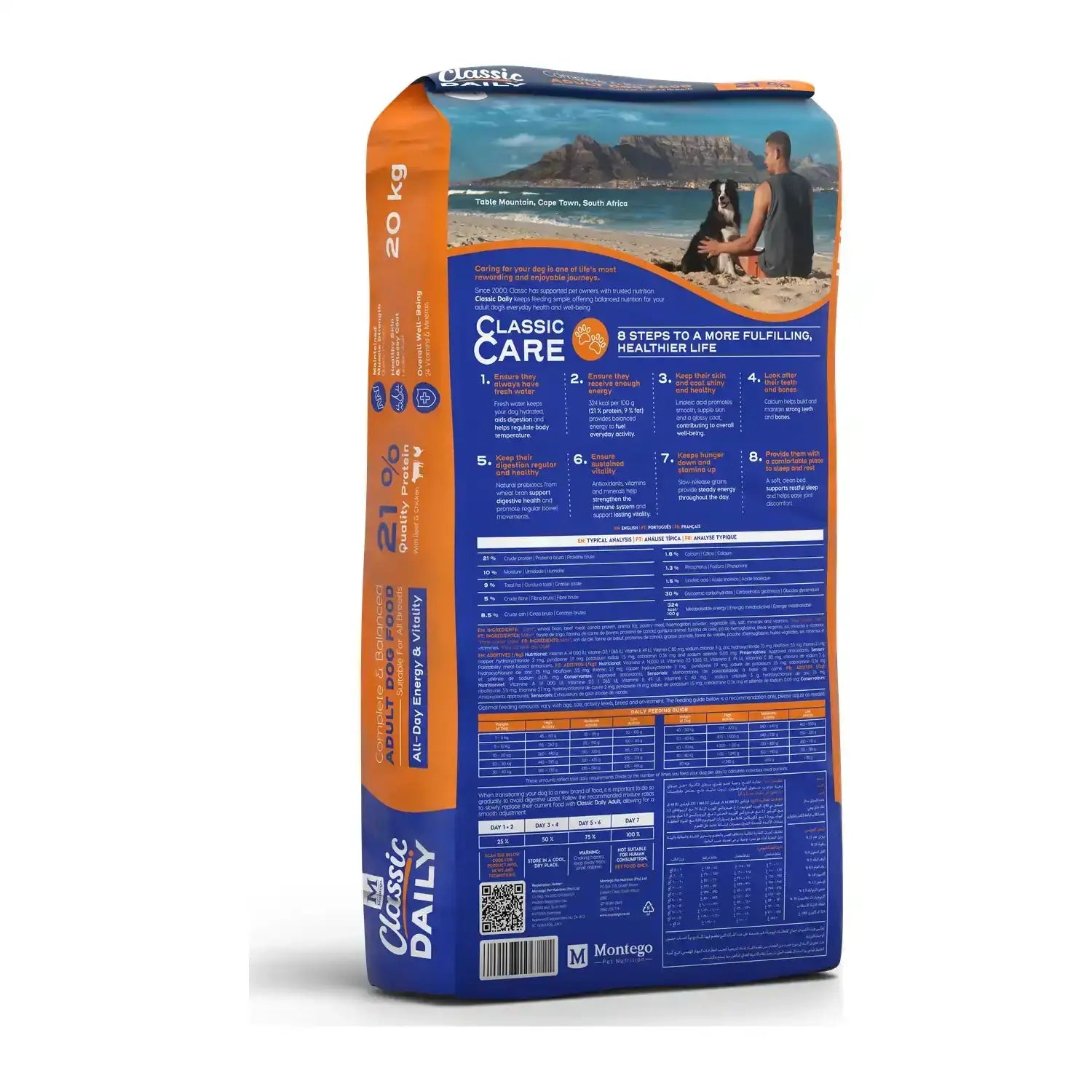 Montego Classic Daily Adult dry dog food 20kg bag, back of pack with feeding guide.