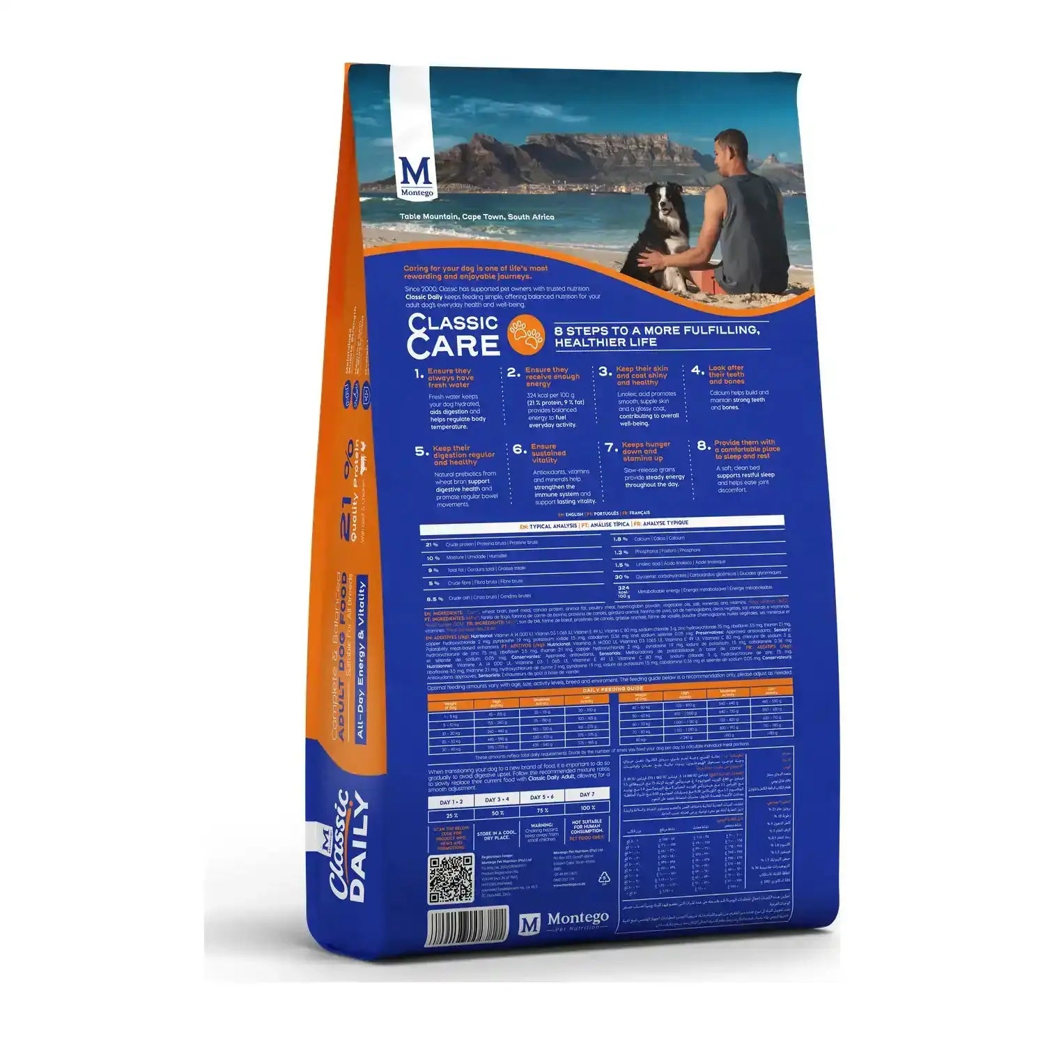 Montego Classic Daily Adult dry dog food 8kg bag, back of pack with feeding guide.