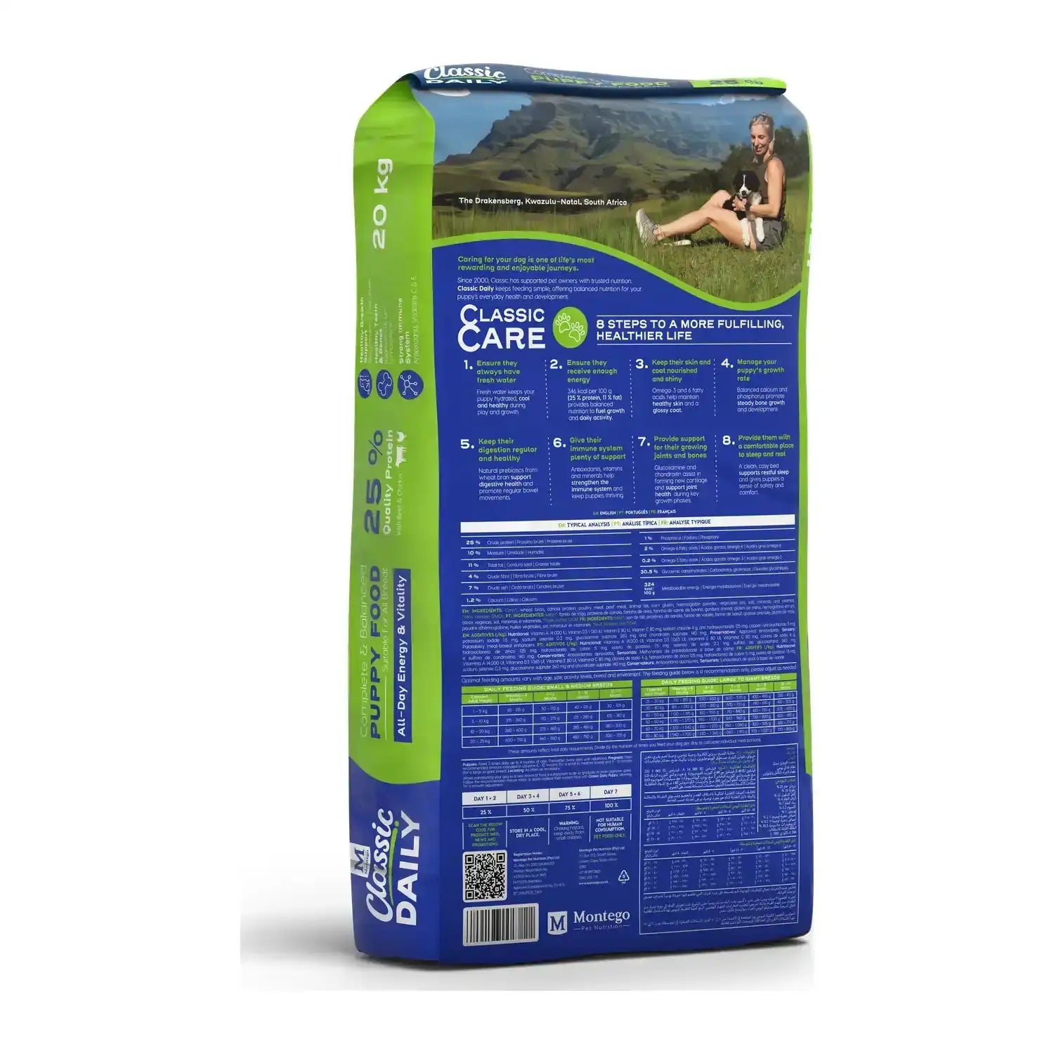 Montego Classic Daily Puppy dry dog food 20kg bag, back of pack with feeding guide.