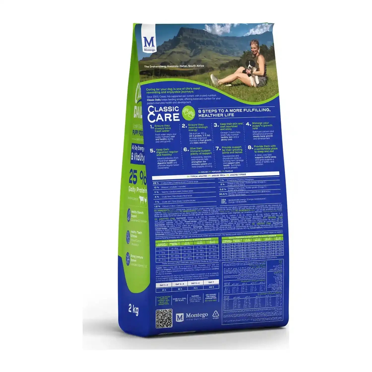 Montego Classic Daily Puppy dry dog food 2kg bag, back of pack with feeding guide.
