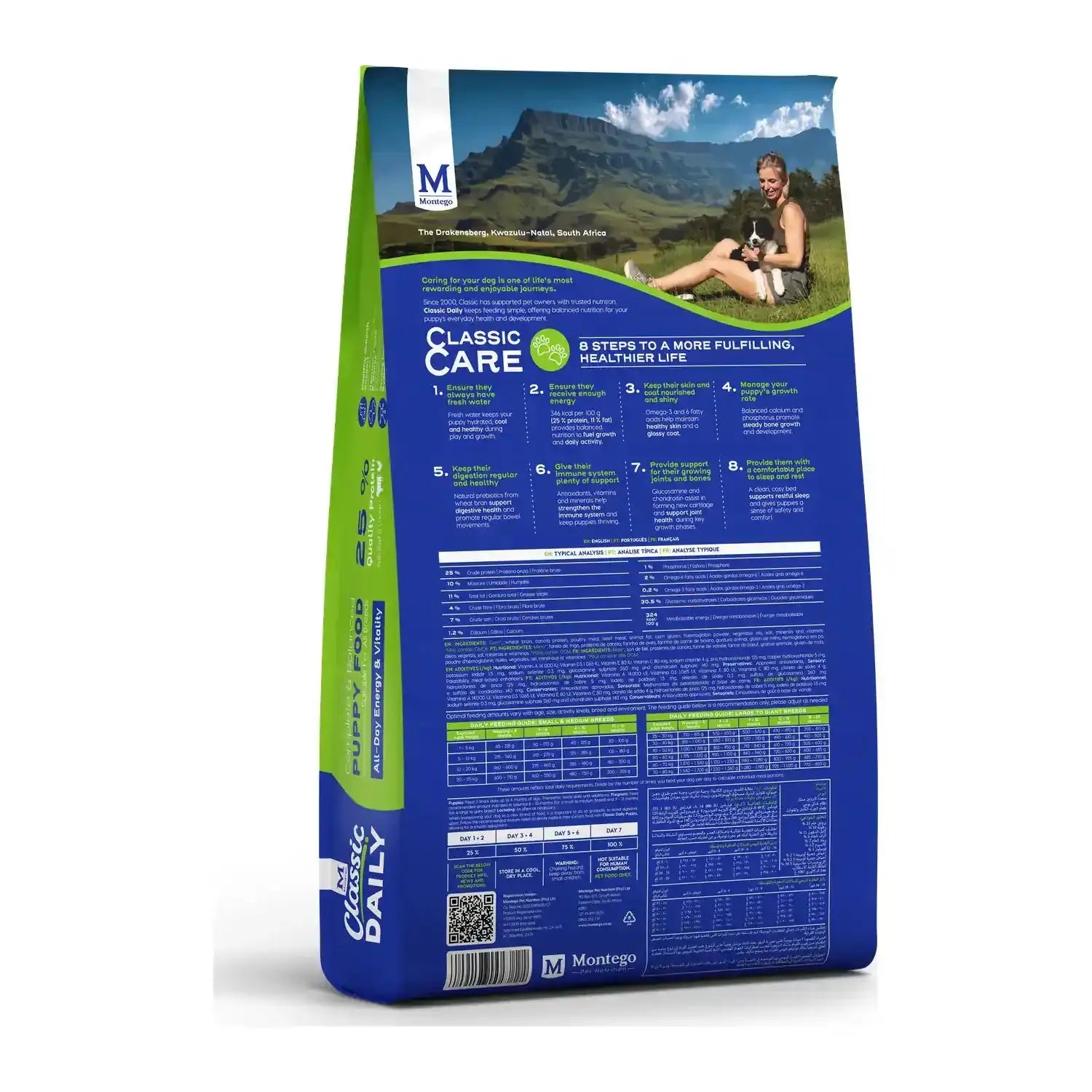 Montego Classic Daily Puppy dry dog food 8kg bag, back of pack with feeding guide.