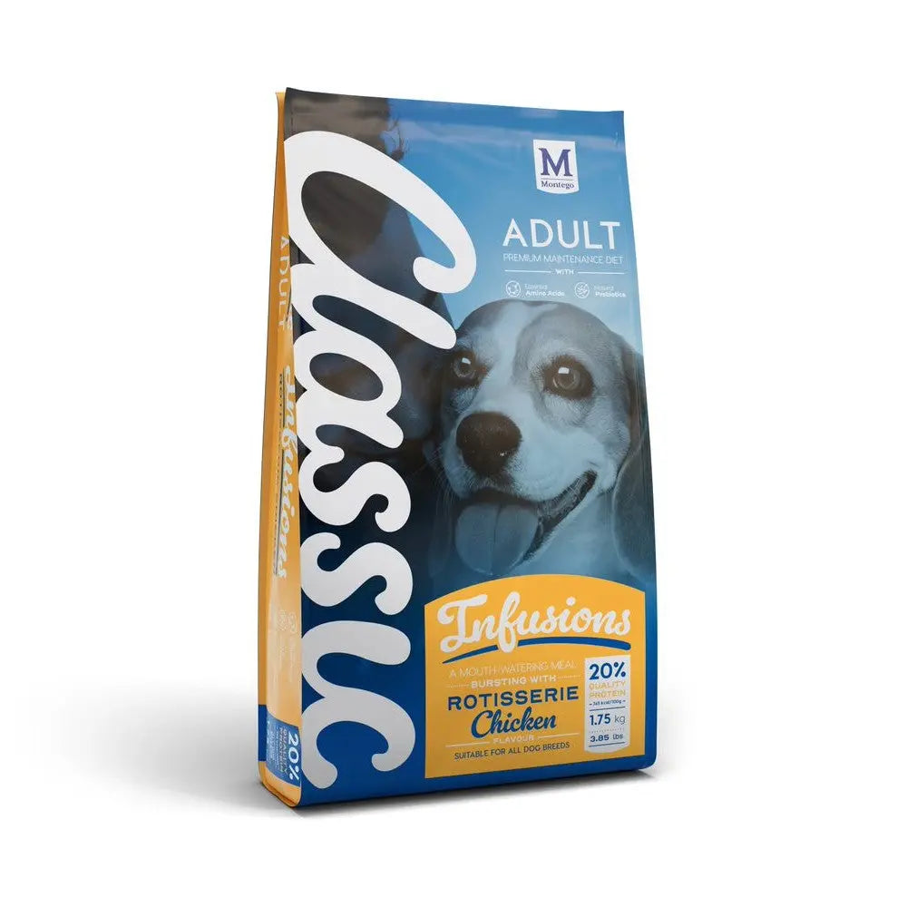Adult dog food bag featuring rotisserie chicken flavor and nutritional information for all breeds.