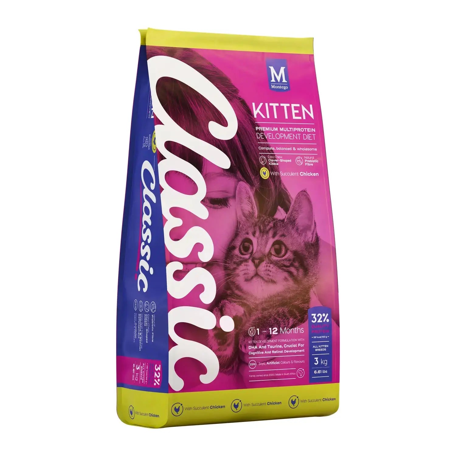 Montego Classic Kitten Chicken dry cat food 3kg bag for healthy growth.
