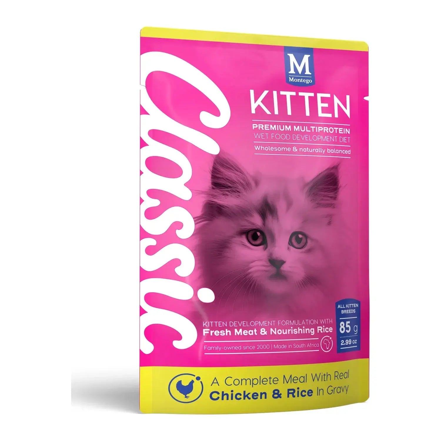 Montego Classic Kitten Chicken wet cat food 85g pouch for growing kittens.