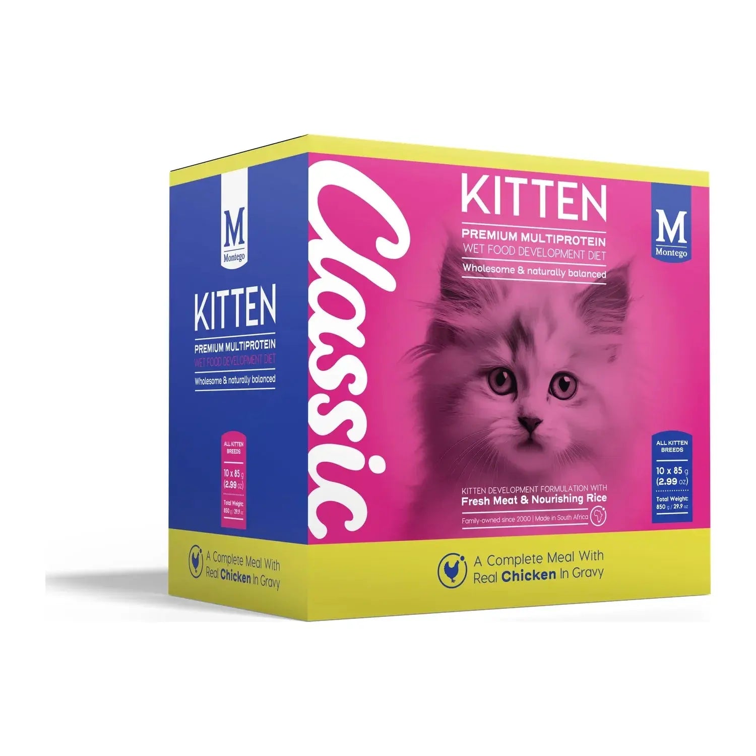 Montego Classic Kitten Chicken wet cat food multipack of 85g pouches.