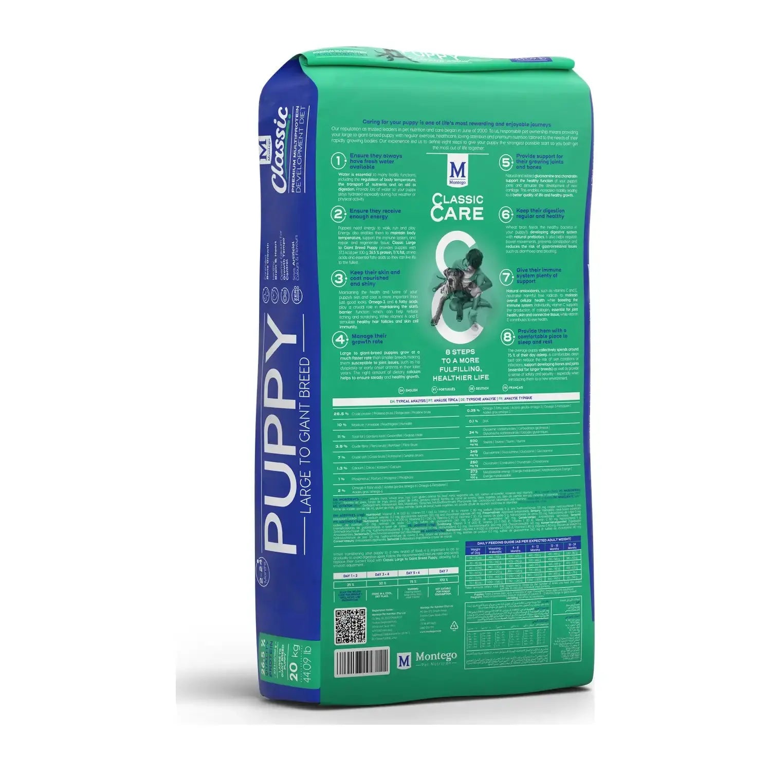 Montego Classic Large Breed Puppy food 20kg bag, back of pack with feeding guide.