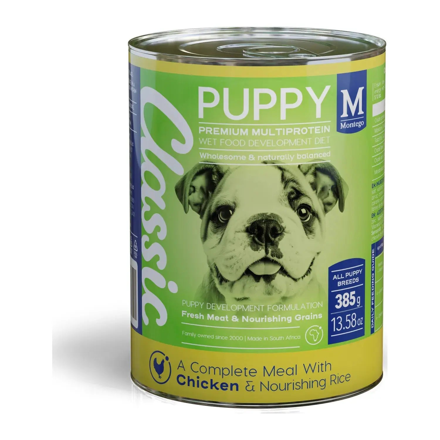 Montego Classic Puppy Chicken & Rice wet dog food 385g tin for growing pups.