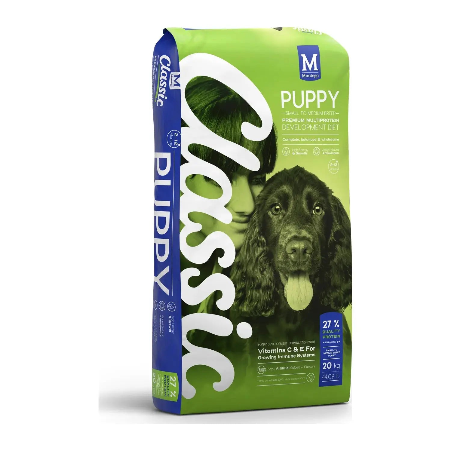 Montego Classic Small Breed Puppy dry dog food 20kg bag with 27% protein and DHA.