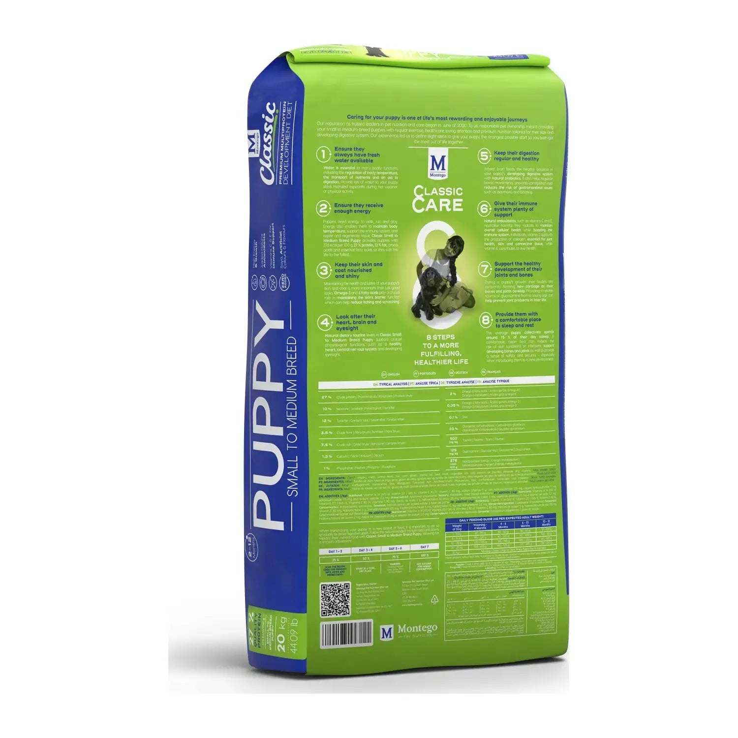 Montego Classic Small Breed Puppy food 20kg bag, back of pack with feeding guide.