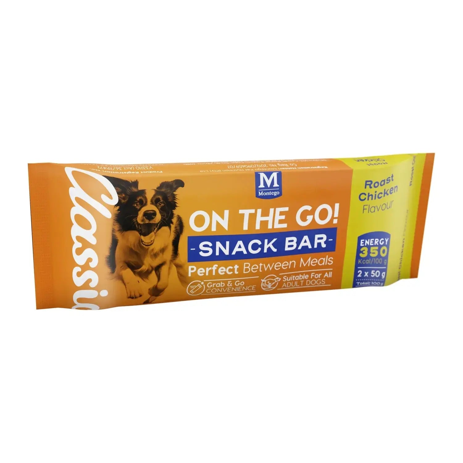 Montego Classic Snack Bar roast chicken flavour single dog treat bar.