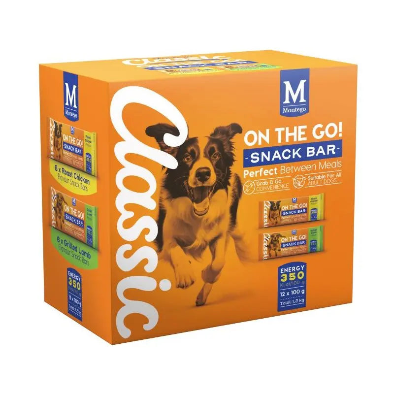 Montego Classic On The Go Snack Bar box for dogs, featuring chicken and lamb flavors, perfect for between meals.