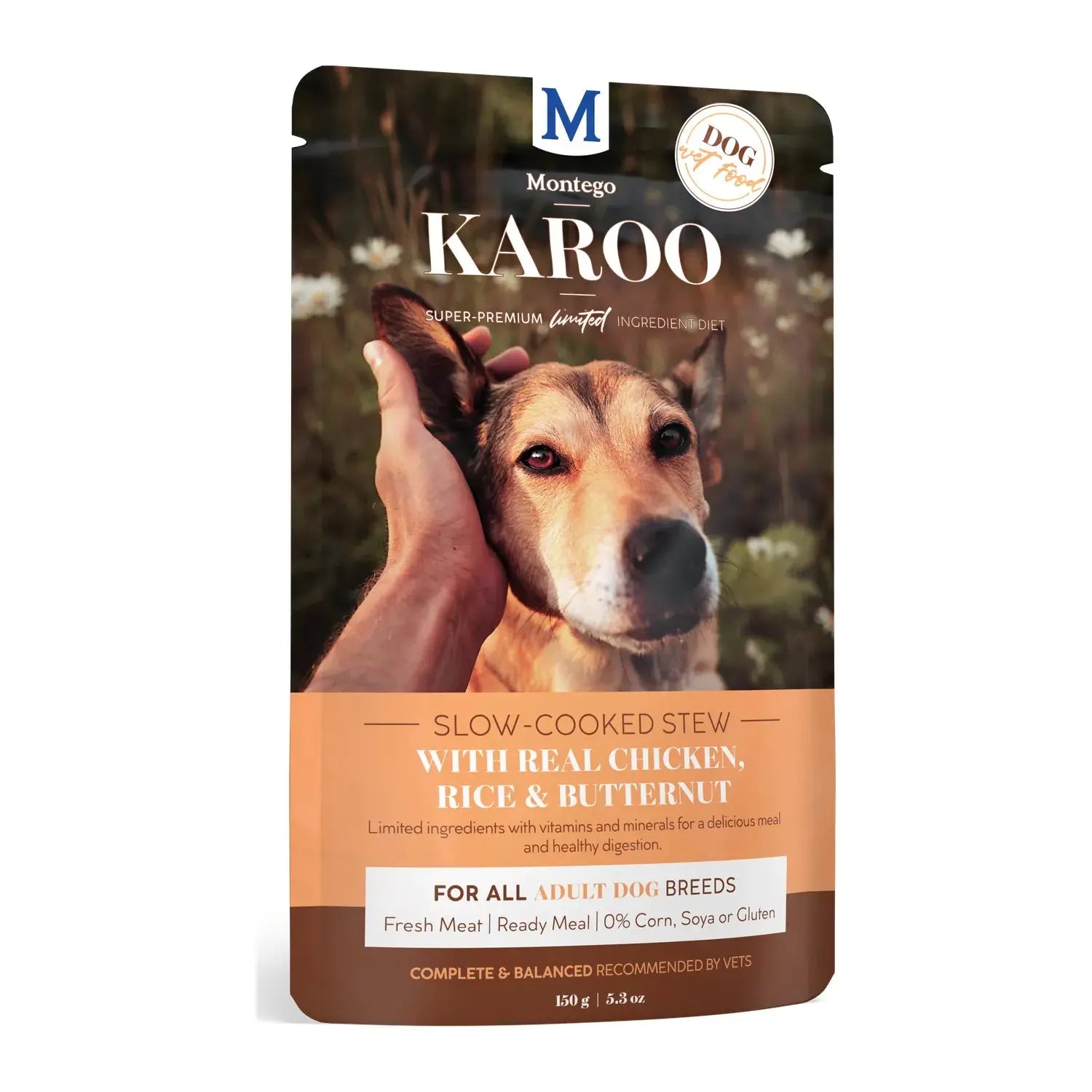 Montego Karoo Adult Chicken & Butternut wet dog food 150g pouch, slow-cooked stew with real chicken.
