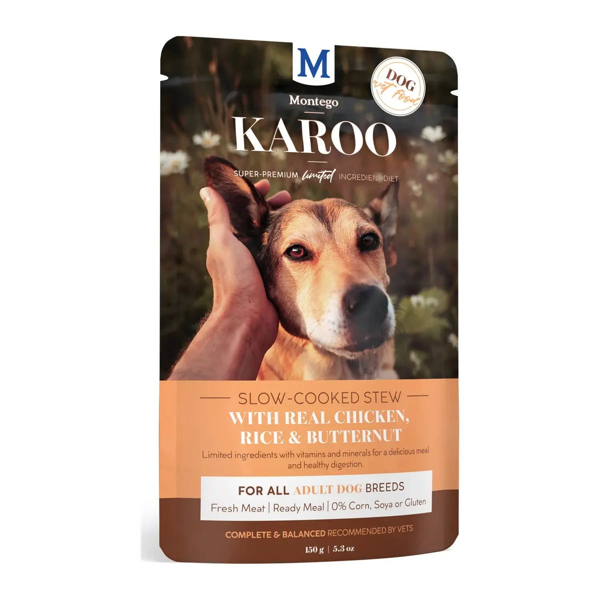 Montego Karoo Adult Chicken & Butternut wet dog food 150g pouch, slow-cooked stew with real chicken.
