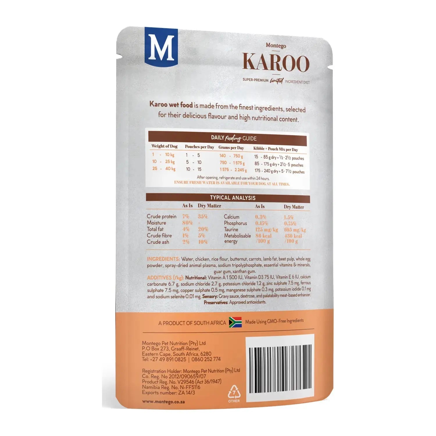 Montego Karoo Chicken & Butternut wet dog food 150g pouch, back of pack with feeding guide.