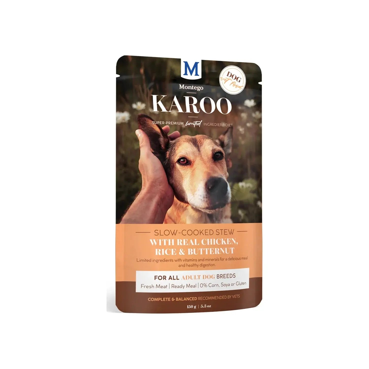 Montego Karoo Adult Chicken & Butternut wet dog food 150g pouch with real chicken and butternut.