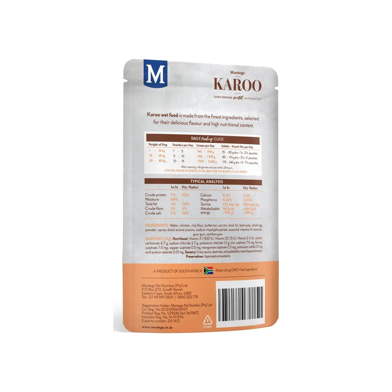 Montego Karoo Chicken & Butternut wet dog food pouch, back of pack with feeding guide.