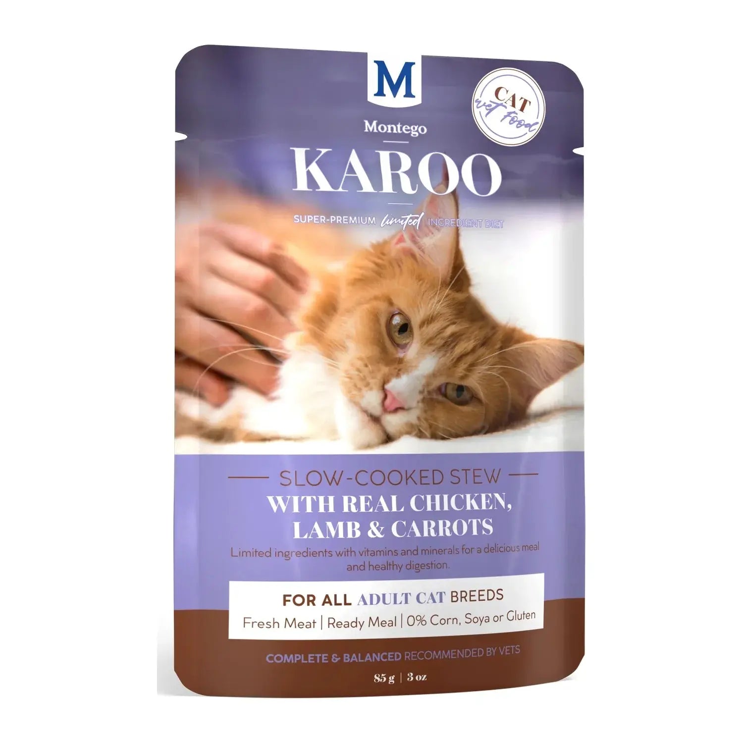 Montego Karoo Adult Chicken & Carrots wet cat food 85g pouch, slow-cooked stew with real chicken.
