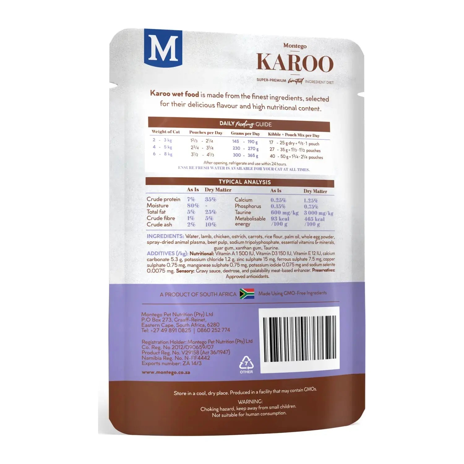 Montego Karoo Chicken & Carrots wet cat food 85g pouch, back of pack with feeding guide.