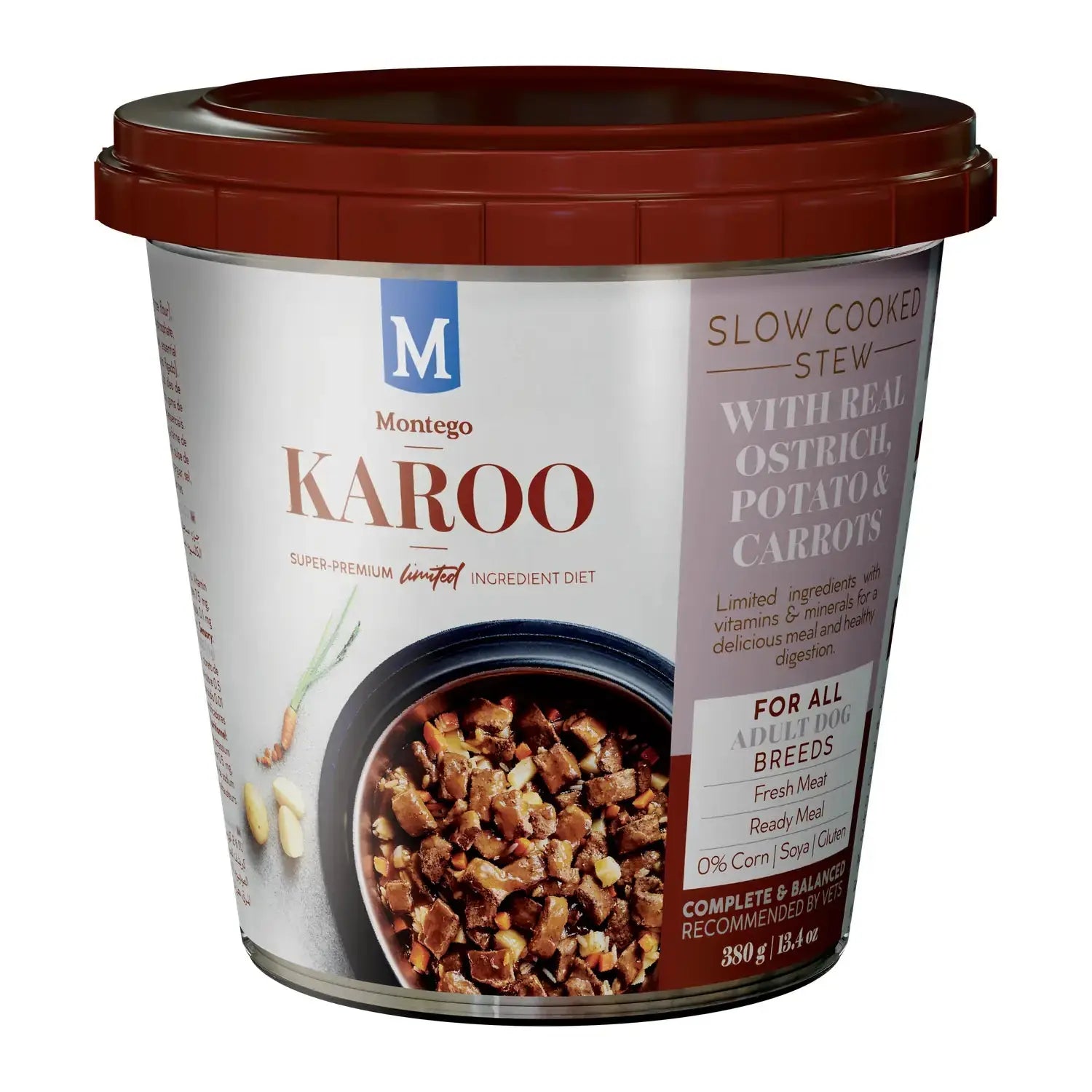 Montego Karoo Adult Ostrich wet dog food tub, slow-cooked ostrich, potato and carrot stew.