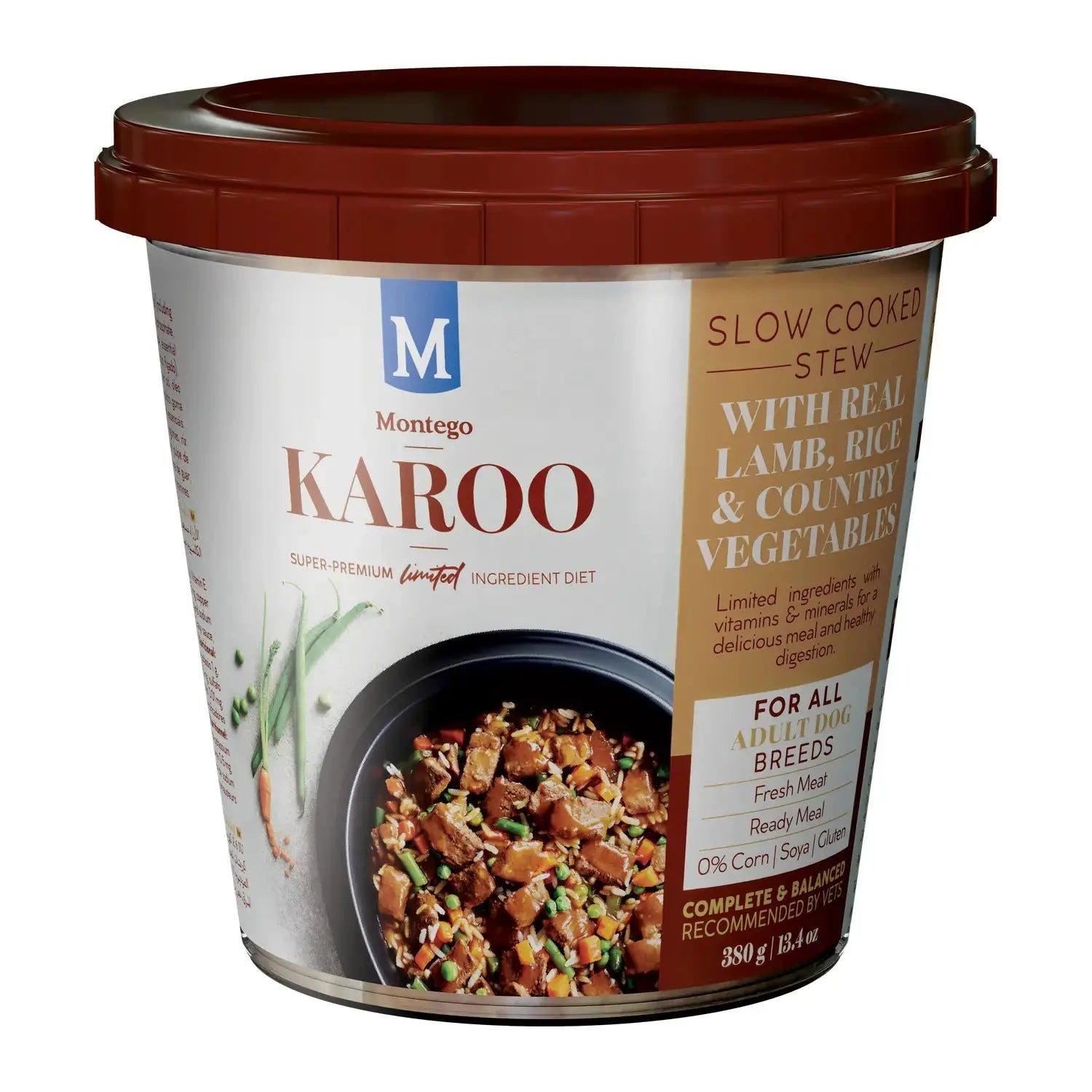 Montego Karoo Adult Lamb wet dog food tub, slow-cooked lamb, rice and country vegetable stew.