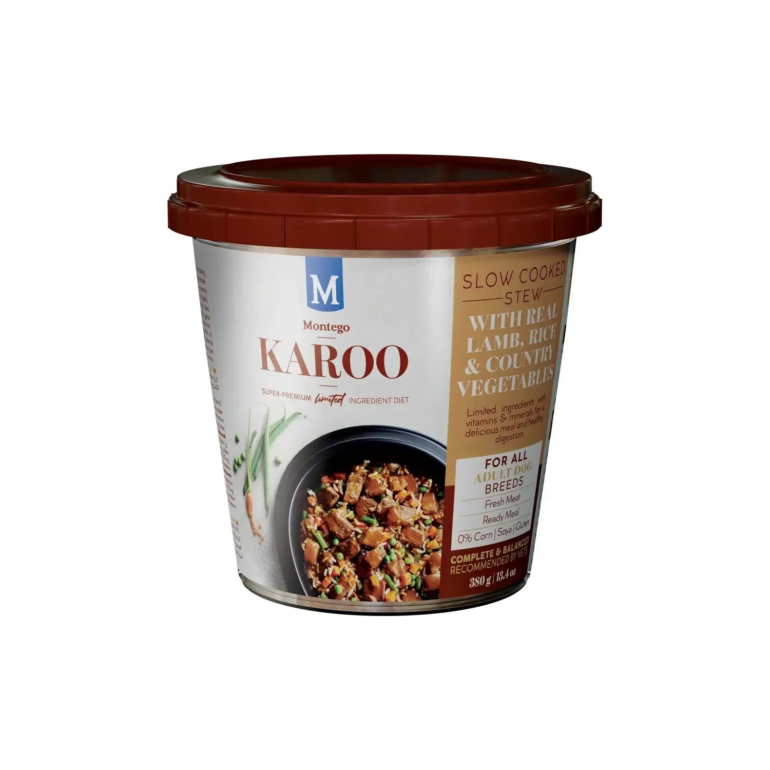 Montego Karoo Adult Lamb wet dog food 380g tub, slow-cooked stew with lamb, rice and vegetables.