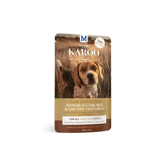 Dog food pouch featuring slow-cooked stew with real meat, rice, and country vegetables for all breeds.