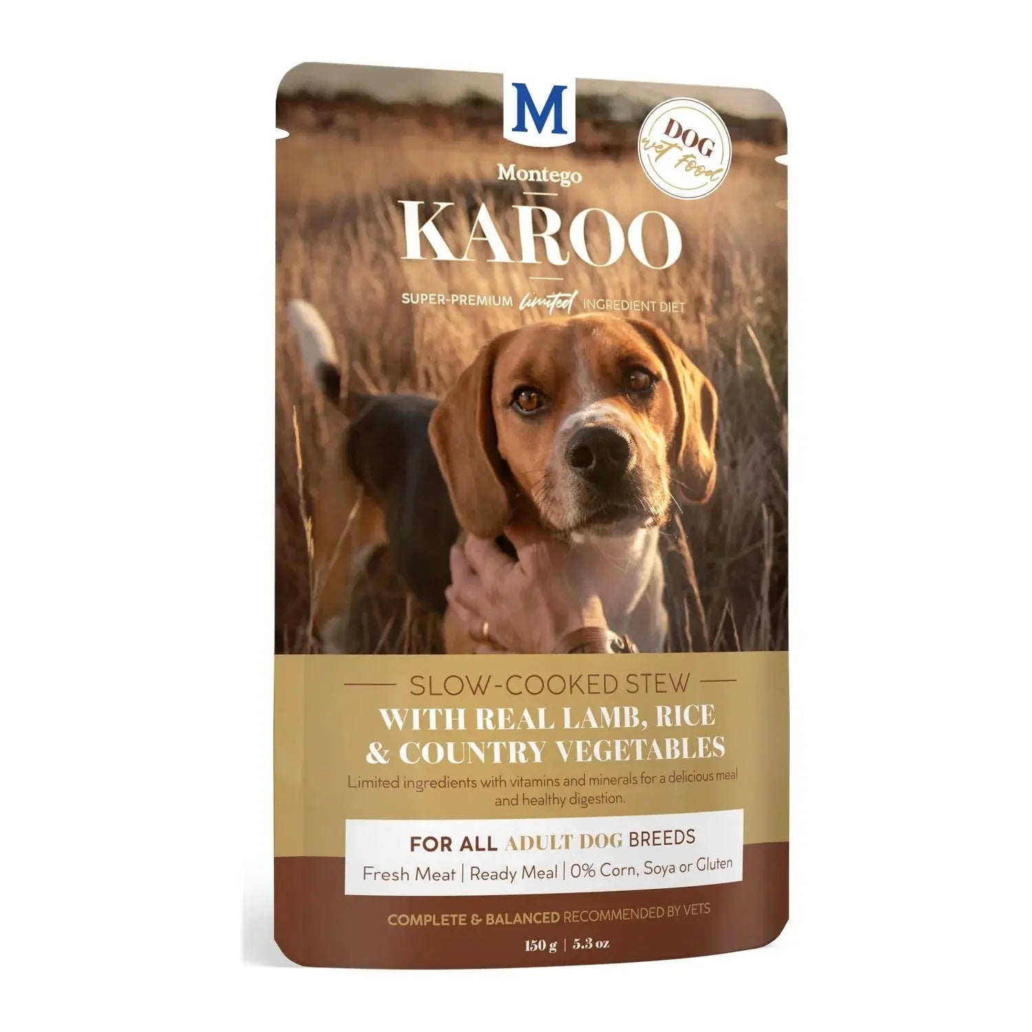 Montego Karoo Adult Lamb & Veg wet dog food 150g pouch, slow-cooked stew with real lamb and rice.