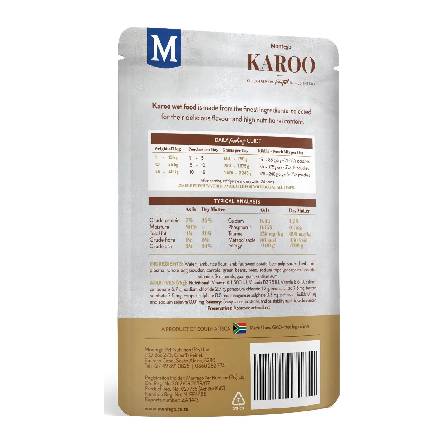 Montego Karoo Lamb & Veg wet dog food 150g pouch, back of pack with feeding guide.